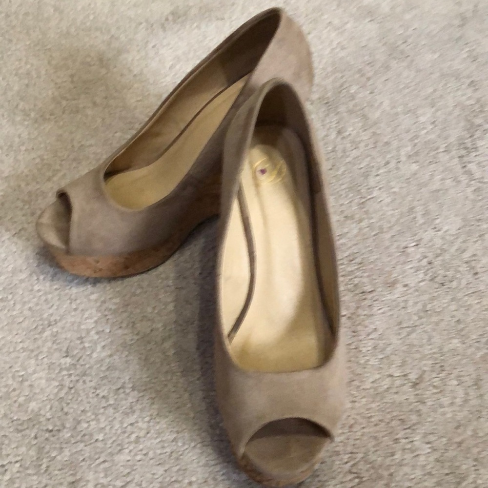 Tan peek toe wedges